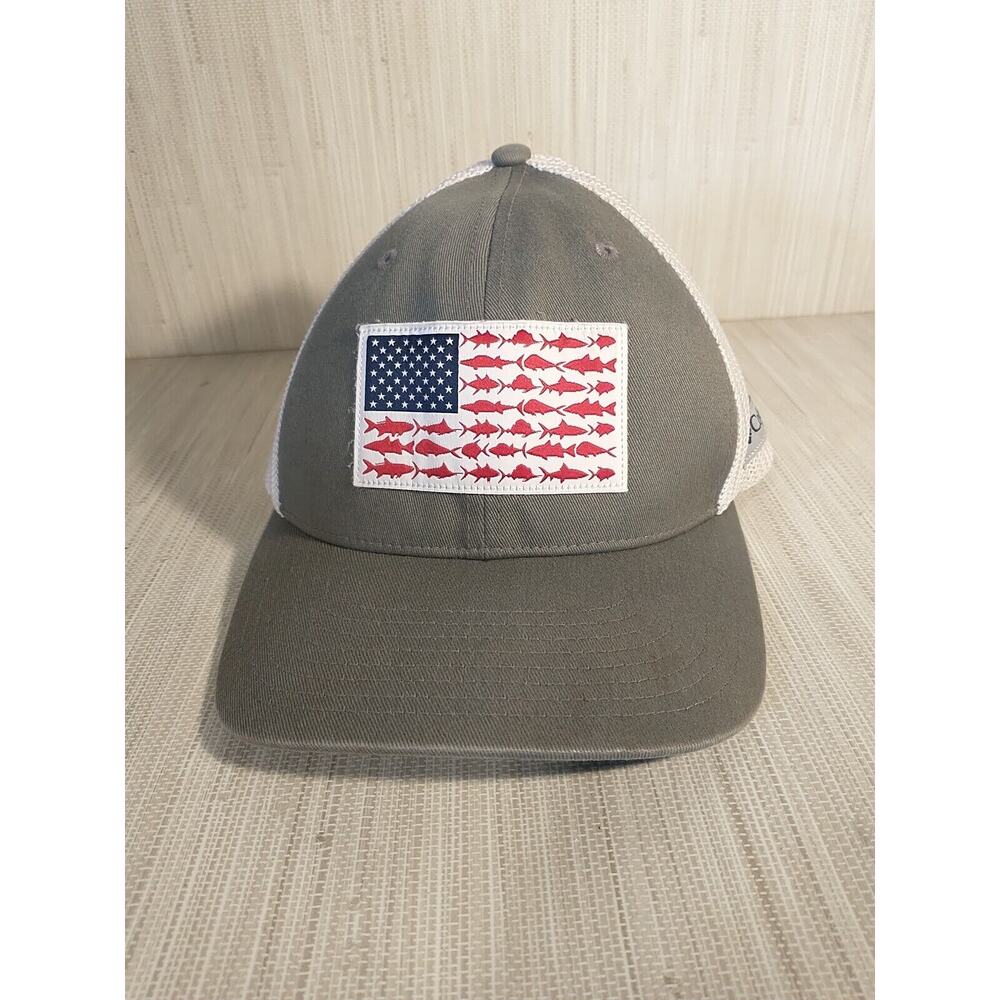 Columbia USA Mesh Fish American Flag Ball Cap Gray Mens Regular Fit PFG